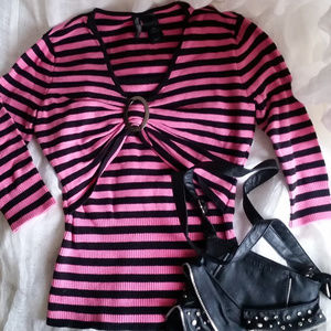 Bisou Bisou Hot Pink & Black Striped Sweater EUC